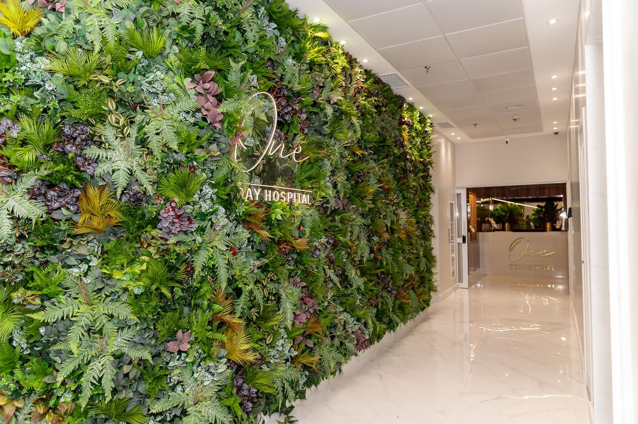 Jardim vertical e entrada do One Day Hospital em Alphaville